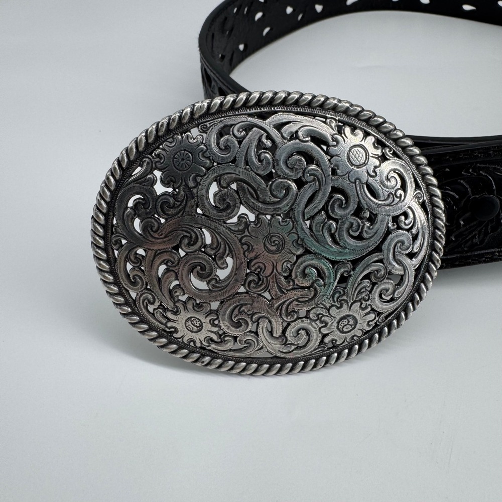 Tony Lama Size 34 Ornate Silver Scroll Buckle Black Cutout Western Belt - Picture 2 of 10